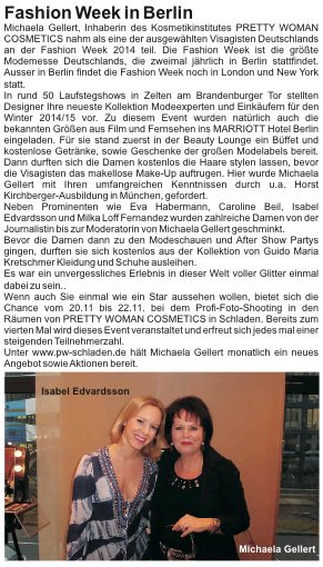 Bild eines Zeitungsartikes. In diesem Artikel geht ess um Pretty Woman Cosmetics auf der  Fashion Week Berlin